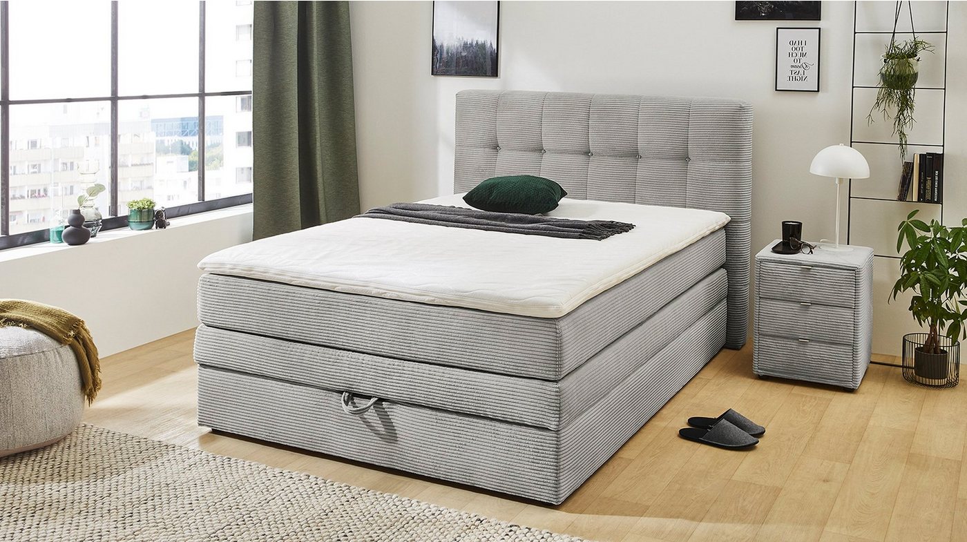 Massivart® Boxspringbett AMY 140 x 200 cm / Cordbezug / hellgrau, Bettkasten, inkl. Topper, Tonnentaschenfederkern Matratze H3 von Massivart®