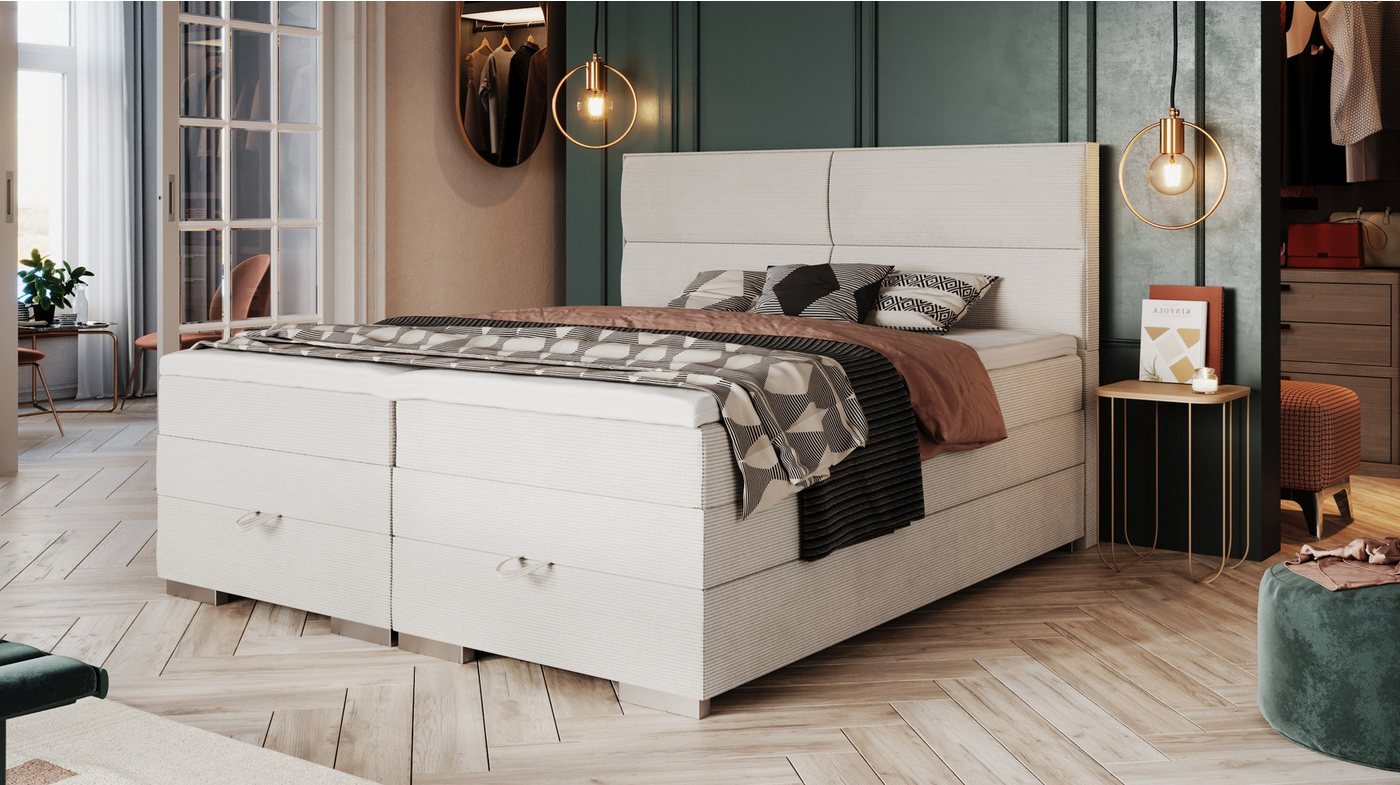 Massivart® Boxspringbett MANDEWILLA 180 x 200 cm / Cordbezug / beige, Härtegrad H3 / H4, inkl. Topper, 7-Zonen-Taschenfederkern Matratzen von Massivart®