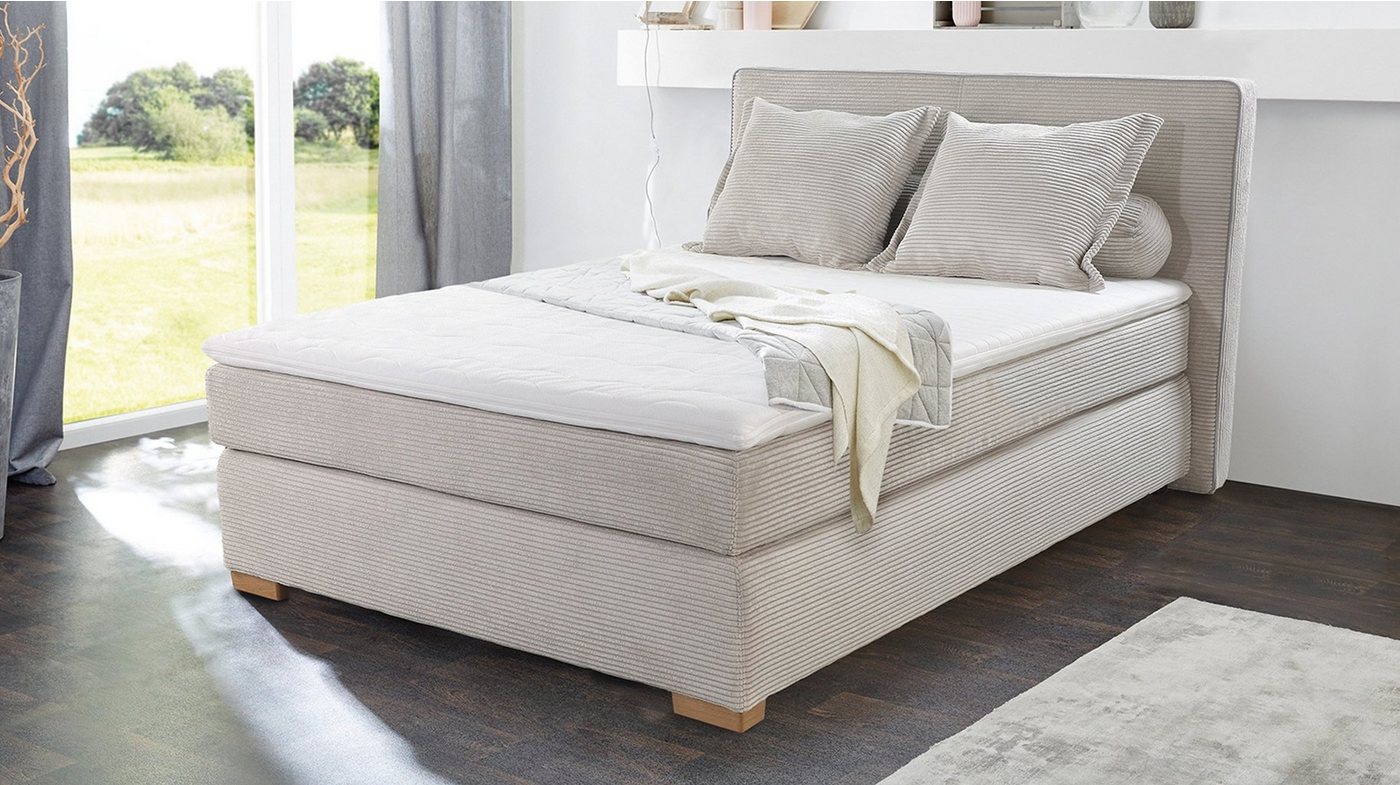 Massivart® Boxspringbett ROMY 140 x 200 cm / Cordbezug / beige, inkl. Topper, Tonnentaschenfederkern Matratze, Härtegrad H3 von Massivart®