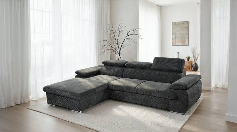 Massivart® Ecksofa Cord anthrazit / Schlaffunktion (Bettfunktion) 212 cm / Modell Cindy, inklusive Bettkasten, Kopfteilverstellung, Nosagunterfederung von Massivart®