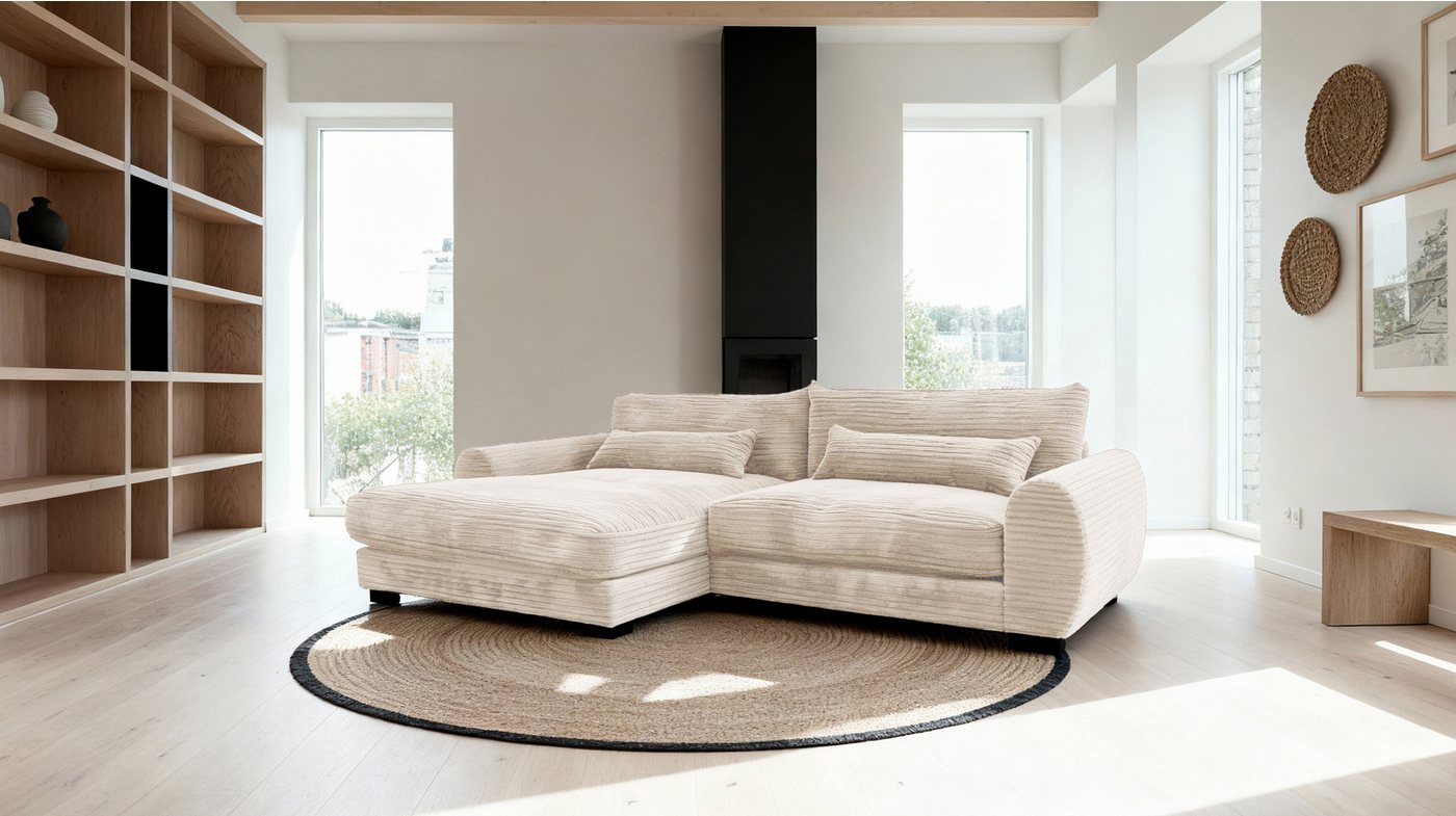 Massivart® Ecksofa Cord / 265 cm breit / Cordsofa mit Nosagfederung / MARK, frei im Raum stellbar · inkl. Kissen-Set · Massivart von Massivart®