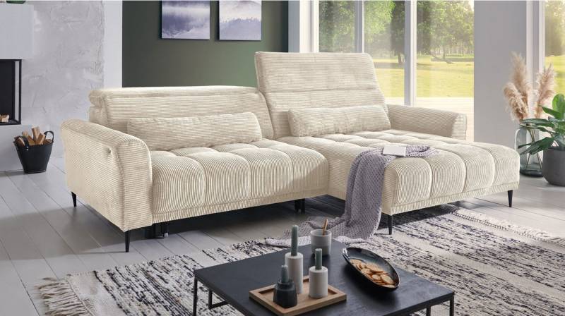 Massivart® Ecksofa Cord 277 cm / Cordsofa LOGAN / Sitztiefenverstellung / Nosagfederung, Kopfteilverstellung · Rücken echt bezogen · 2 Nierenkissen von Massivart®