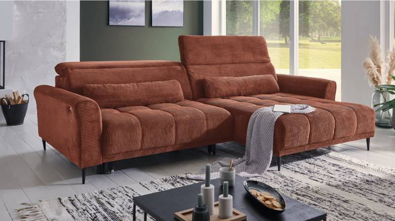 Massivart® Ecksofa Cord 277 cm / Cordsofa LOGAN / Sitztiefenverstellung / Nosagfederung, Kopfteilverstellung · Rücken echt bezogen · 2 Nierenkissen von Massivart®