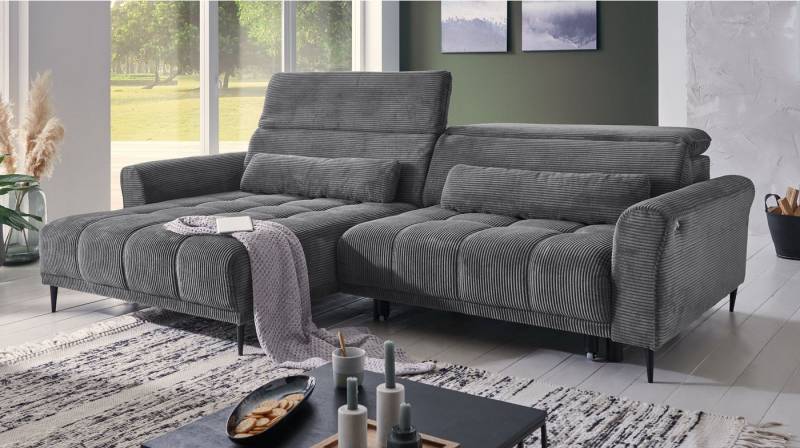 Massivart® Ecksofa Cord 277 cm / Cordsofa LOGAN / Sitztiefenverstellung / Nosagfederung, Kopfteilverstellung · Rücken echt bezogen · 2 Nierenkissen von Massivart®