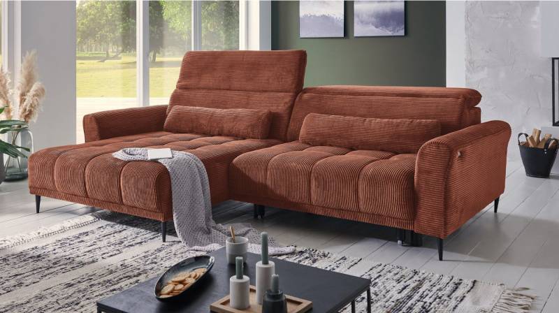 Massivart® Ecksofa Cord 277 cm / Cordsofa LOGAN / Sitztiefenverstellung / Nosagfederung, Kopfteilverstellung · Rücken echt bezogen · 2 Nierenkissen von Massivart®