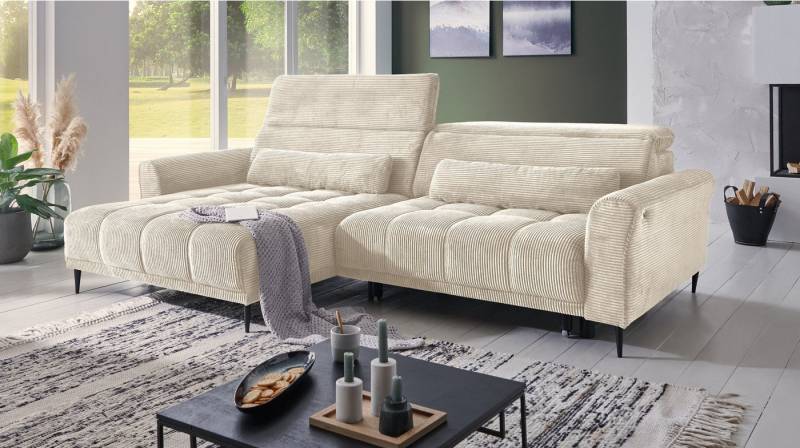 Massivart® Ecksofa Cord 277 cm / Cordsofa LOGAN / Sitztiefenverstellung / Nosagfederung, Kopfteilverstellung · Rücken echt bezogen · 2 Nierenkissen von Massivart®