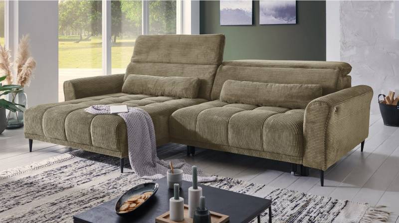 Massivart® Ecksofa Cord 277 cm / Cordsofa LOGAN / Sitztiefenverstellung / Nosagfederung, Kopfteilverstellung · Rücken echt bezogen · 2 Nierenkissen von Massivart®