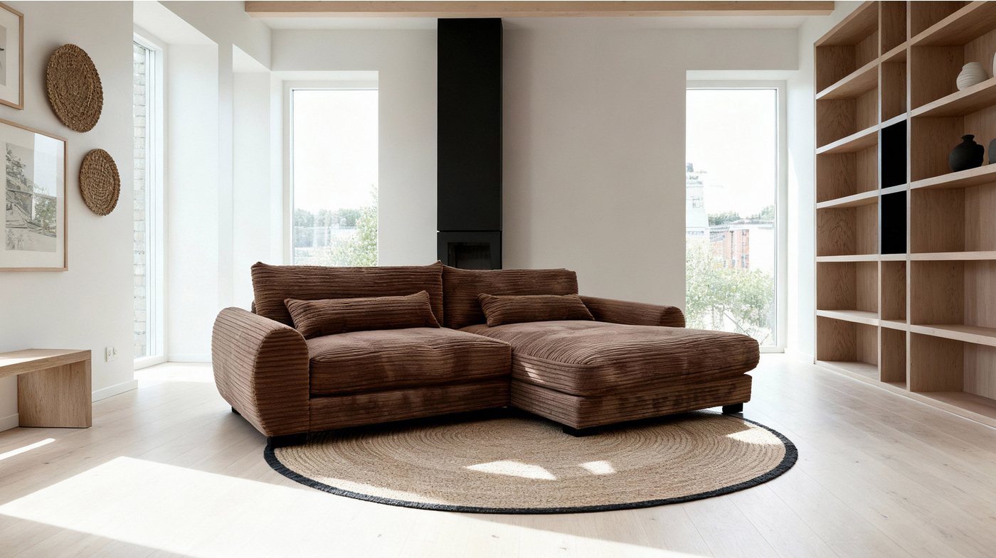 Massivart® Ecksofa Cord Braun / 265 cm Breite / Cordsofa / MARK, Nosagfederung · frei im Raum stellbar · inkl. Kissen-Set von Massivart®