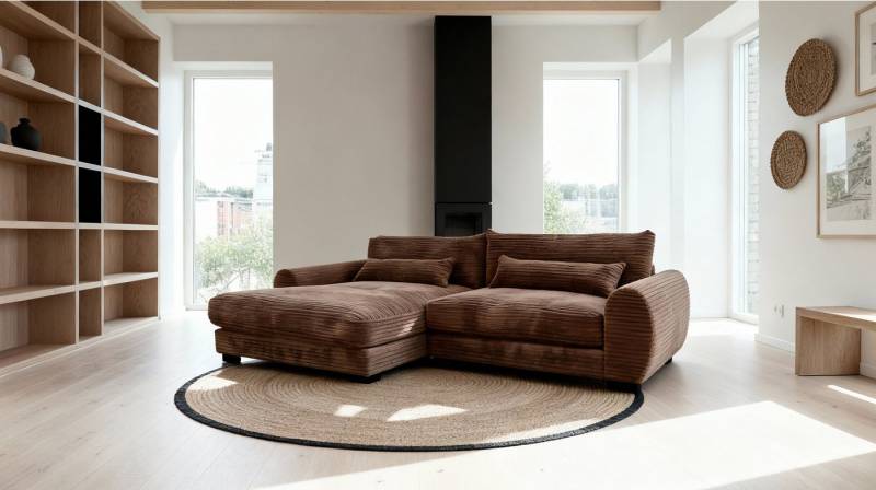 Massivart® Ecksofa Cord Braun / 265 cm Breite / Cordsofa / MARK, Nosagfederung · frei im Raum stellbar · inkl. Kissen-Set von Massivart®