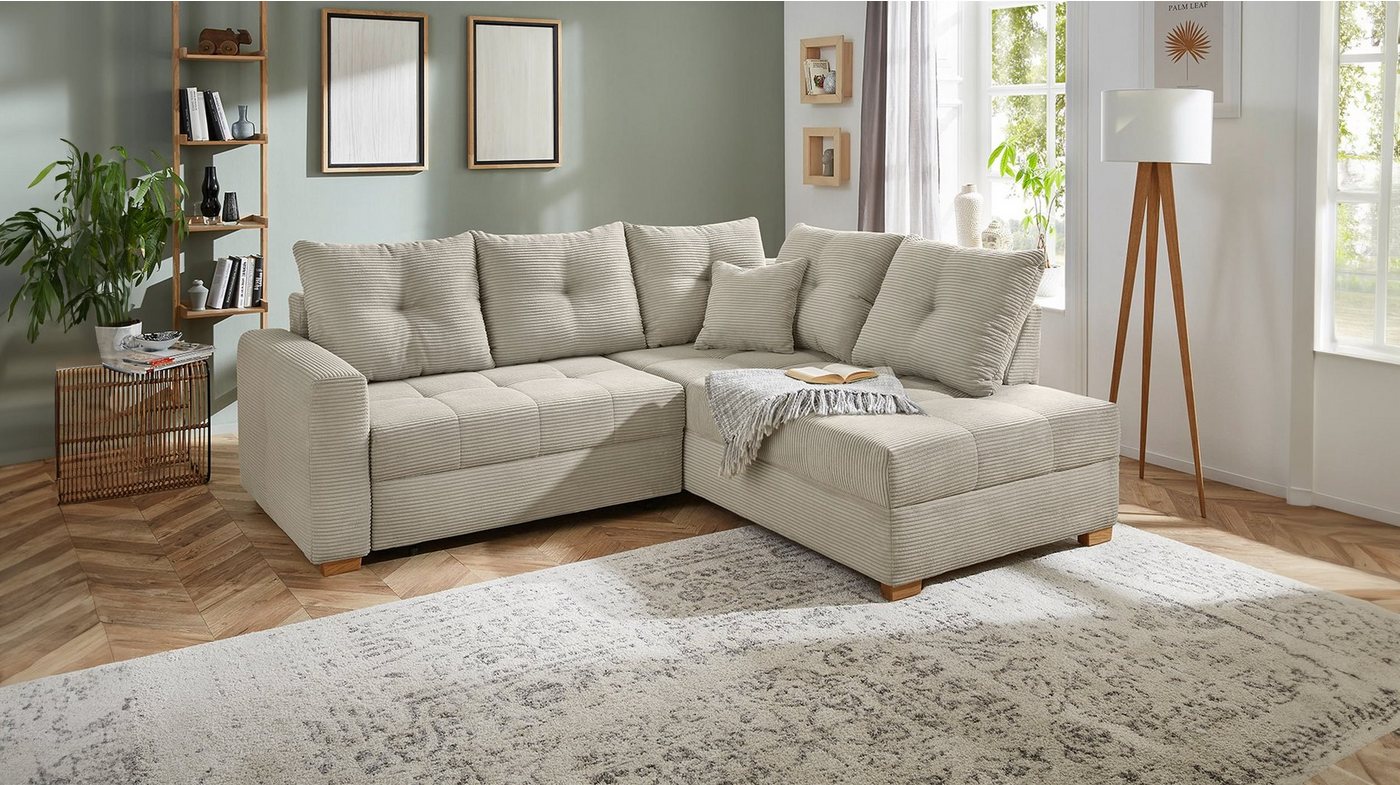 Massivart® Ecksofa HEIDELBERG Cord grau-beige / 228 cm, Cordsofa, Bettfunktion, Bettkasten, Holzfüße von Massivart®