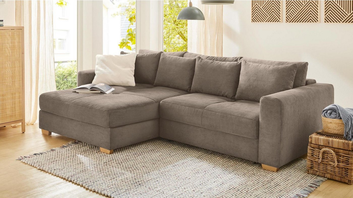 Massivart® Ecksofa KAMPEN Cord taupe / 288 cm, Cordsofa, Bettfunktion, Bettkasten, Taschenfederkern von Massivart®