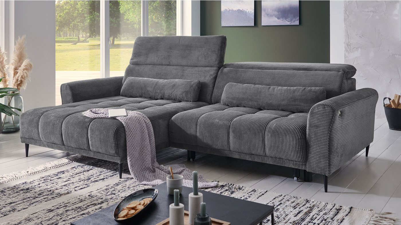 Massivart® Ecksofa LOGAN Cord grau / 277 cm, Cordsofa, Sitztiefenverstellung, Kopfteilverstellung, Nosagunterfederung von Massivart®