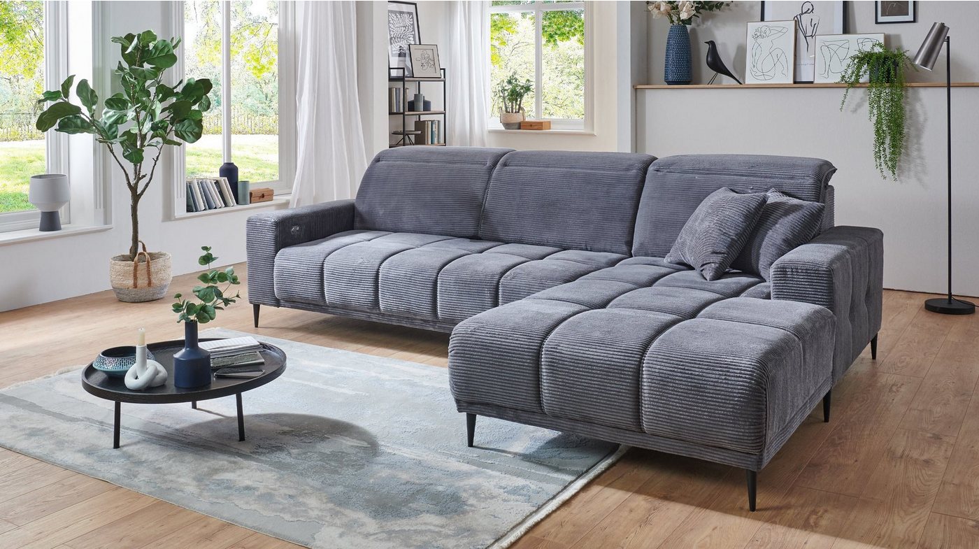 Massivart® Ecksofa MARISOL Cord grau / 286 cm, Cordsofa, Sitztiefenverstellung, Kopfteilverstellung, Nosagunterfederung von Massivart®