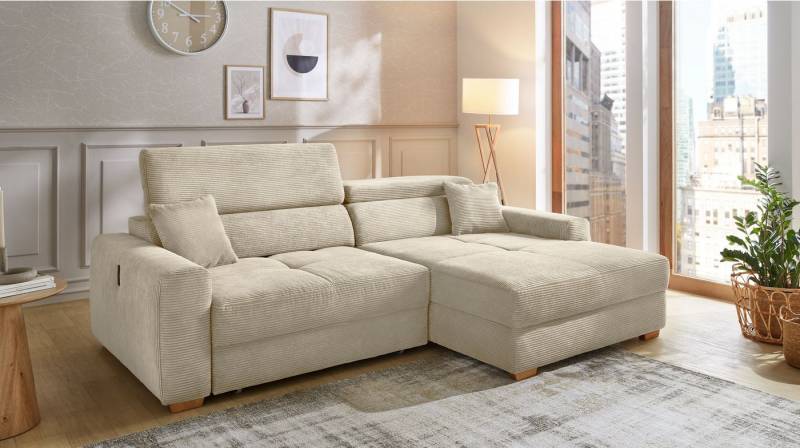 Massivart® Ecksofa Cord Beige ausziehbar 277 cm / Relaxfunktion / USB / SLIDER, Nosagunterfederung · echt bezogener Rücken · inkl. 2 Zierkissen von Massivart®
