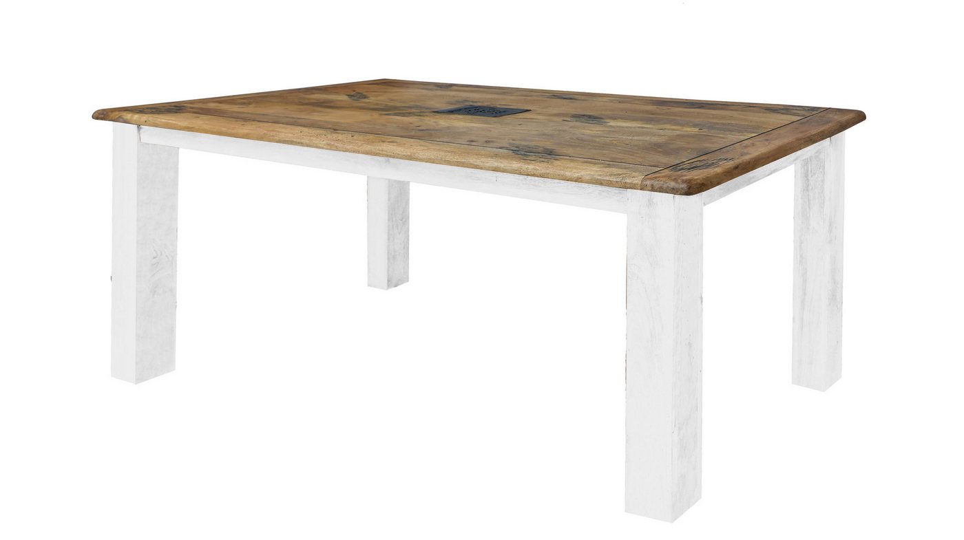 Massivart® Esstisch EMANUEL 180 cm / Mangoholz massiv / Tischplatte eichefarbig, Standbeine weiß lackiert, 50 mm Tischplatte, Applikation aus Gusseisen von Massivart®