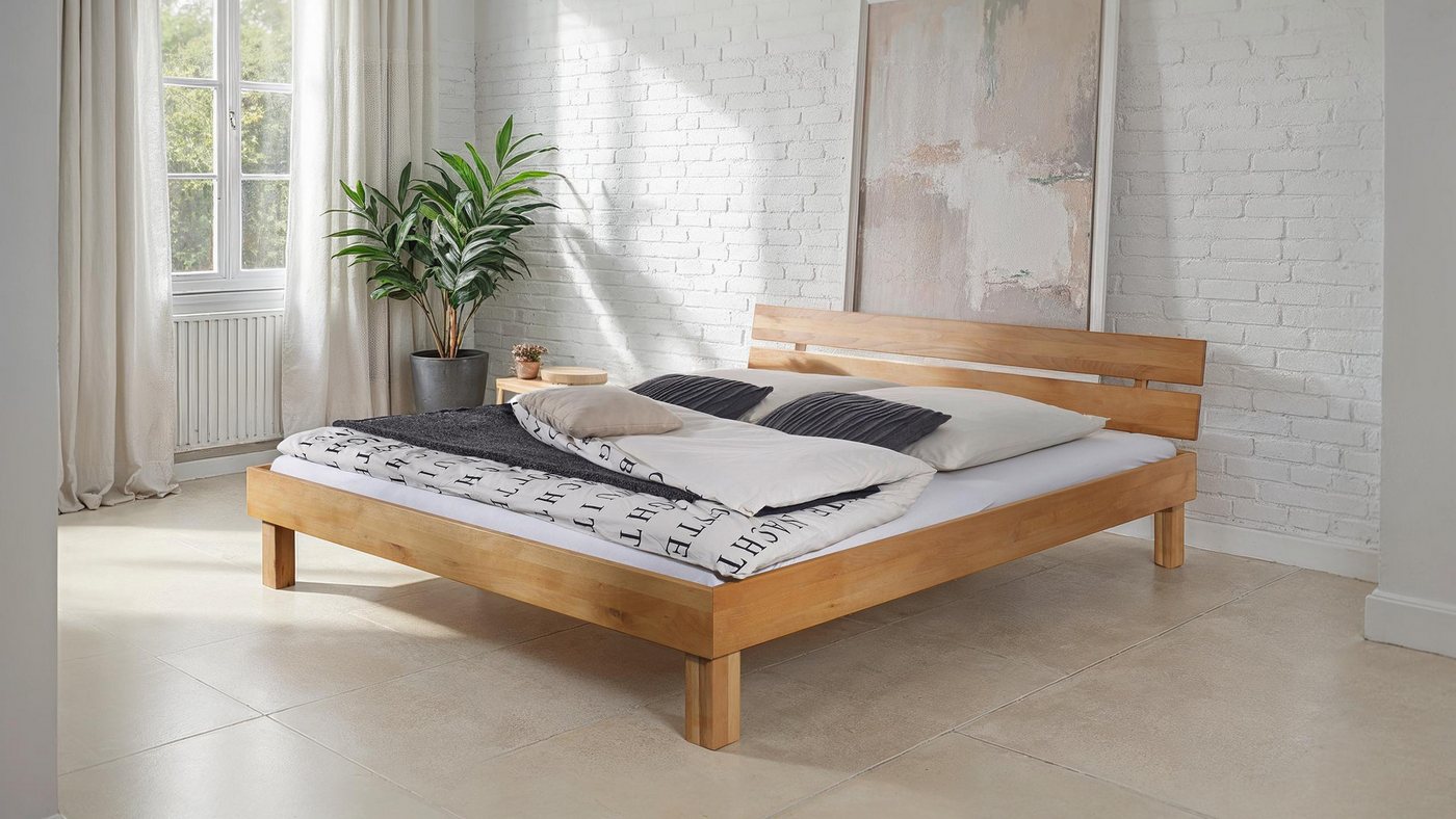 Massivart® Massivholzbett JACOB / Kernbuche geölt / natürliches Unikat / markante Maserung, Standbeine Kernbuche geölt / rustikale Optik von Massivart®