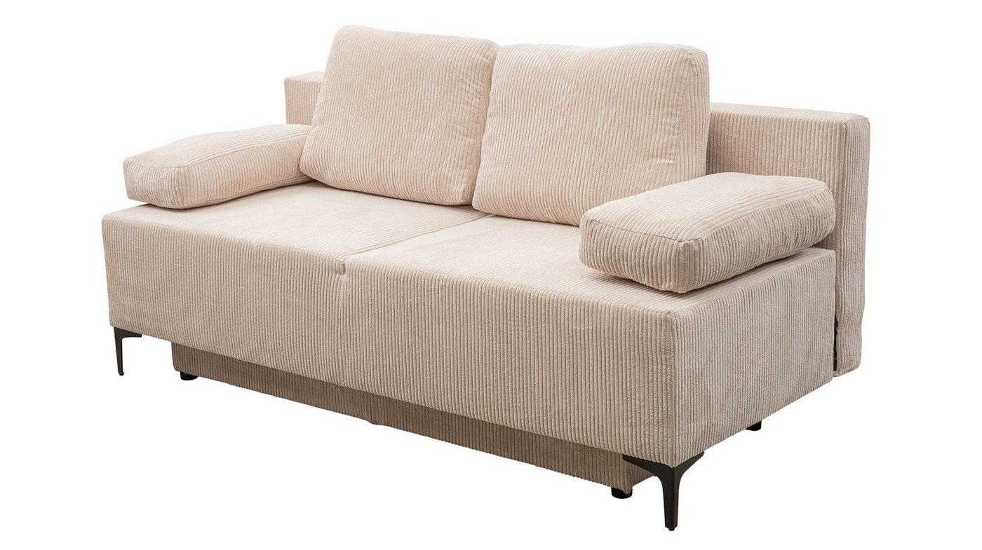 Massivart® Schlafsofa DUBLIN Cord creme 200 cm mit Bettfunktion / Cordsofa, Bettkasten, Wellenunterfederung, 2 Rückenkissen, 2 Armlehnkissen von Massivart®