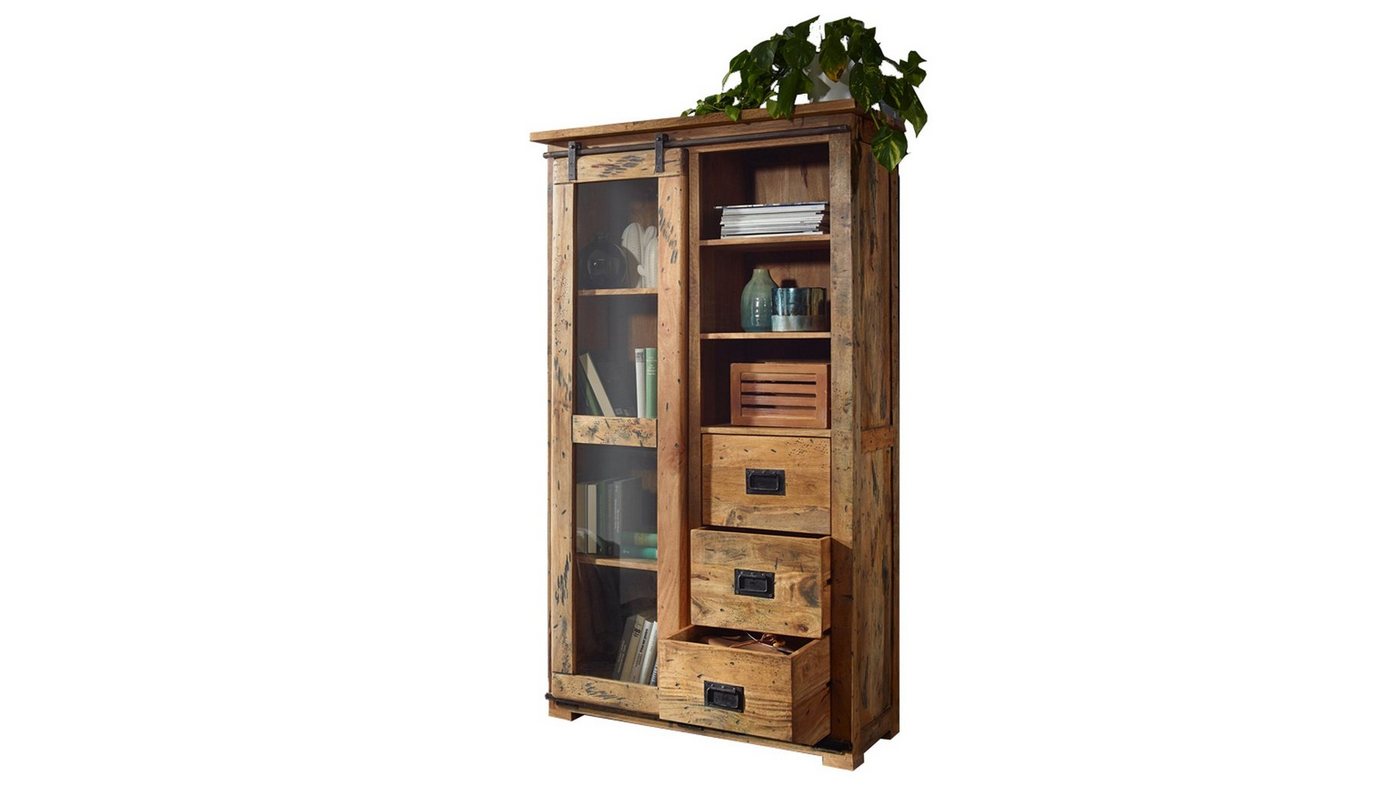 Massivart® Vitrine Emanuel / Vitrinenschrank / Massivholz Mango / naturfarben / Türapplikationen aus Gusseisen, Beschläge und Schienen aus Eisen von Massivart®