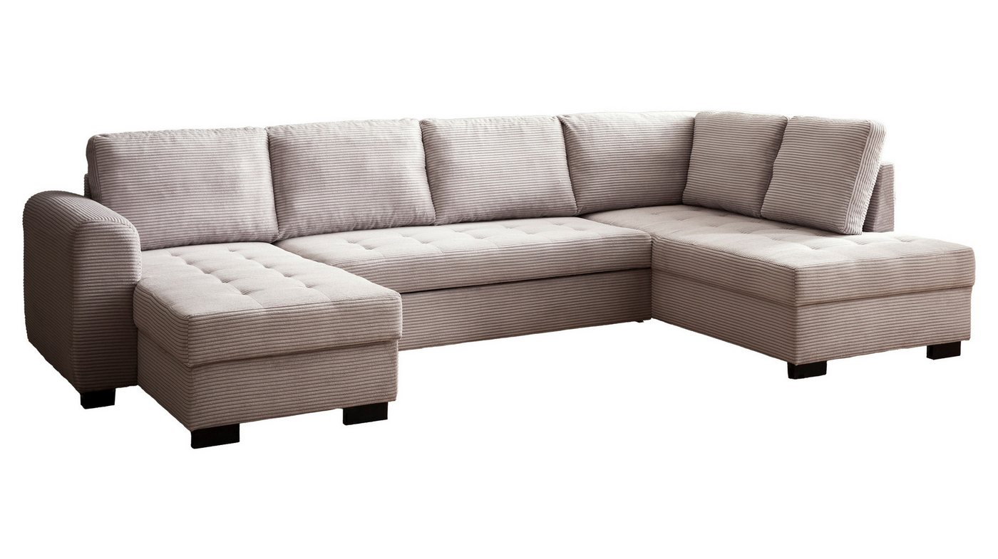 Massivart® Wohnlandschaft MALTE Cord hellgrau, 305 cm, Cordsofa, Bettfunktion, Bettkasten, Wellenunterfederung von Massivart®