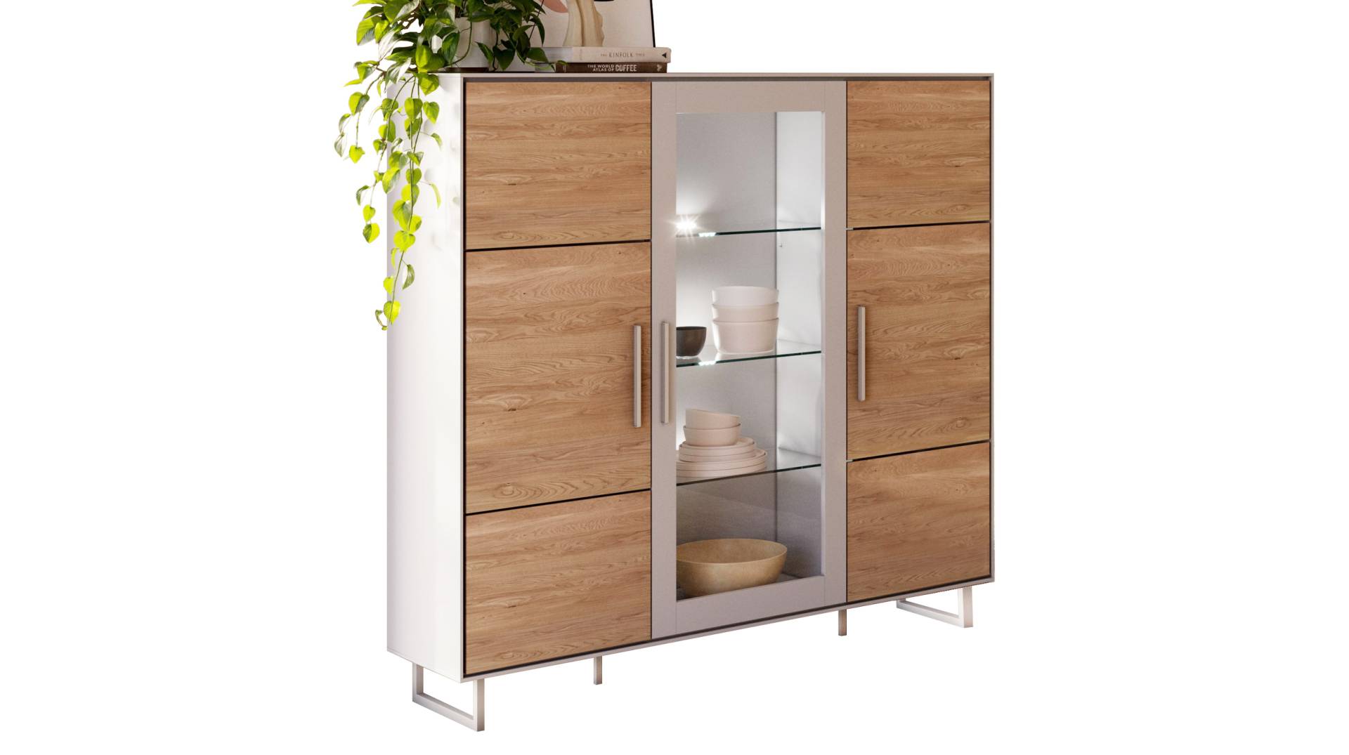 Highboard mit Glastür Eiche teilmassiv geölt 146 cm - KAI von Massivart