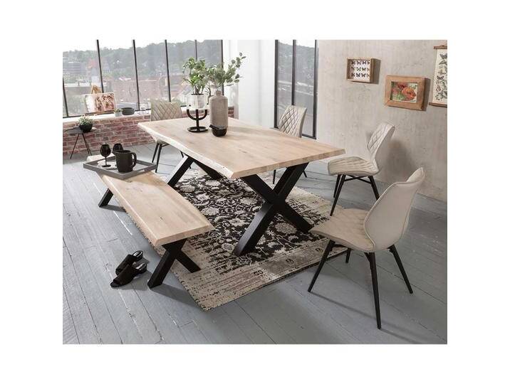 Baumkanten Essplatzgruppe in Eiche White Wash massiv Beige Kunstleder (sechsteilig) von Massivio