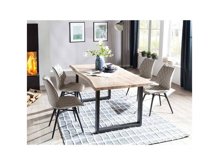 Baumkanten Tischgruppe in Eiche White Wash massiv Beige Kunstleder (fünfteilig) von Massivio
