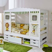 Dschungel Kinderbett in Weiß Kiefer massiv Schubladen von Massivio