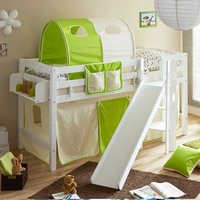 Halbhohes Bett für Kinderzimmer Rutsche und Vorhang in Hellgrün von Massivio