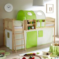 Halbhohes Kinderzimmerbett aus Kiefer Massivholz Tunnel und Vorhang in Grün Beige von Massivio