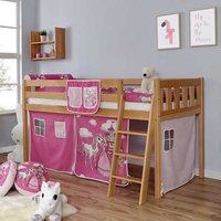 Kinderhochbett aus Buche Massivholz Webstoff in Pink und Rosa von Massivio