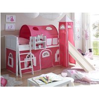 Kinderhochbett mit Turm, Tunnel und Vorhang Weiß und Pink von Massivio