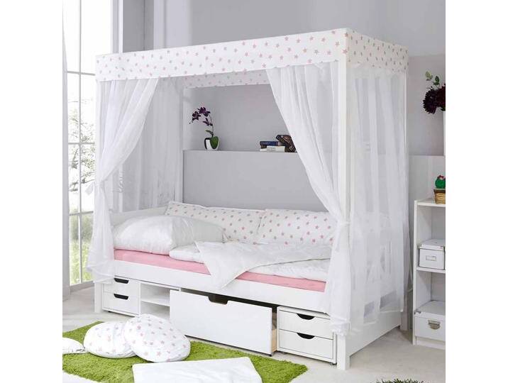 Mädchen Himmelbett in Weiß Rosa Kiefer Massivholz von Massivio