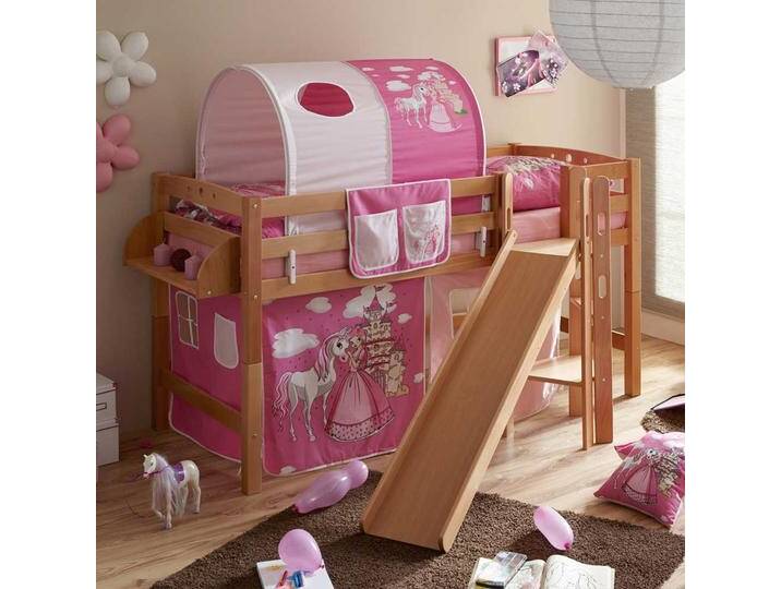 Mädchen Kinderbett im Prinzessin Design Rutsche und Vorhang in Pink von Massivio