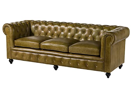 Massivmoebel24.de | Chesterfield Sofa 3-Sitzer aus Echtleder #303 | aus echtem Büffel-Leder - Grün | 216x82x75 cm | mit Nieten | Couch Polstercouch 3er Sitzer von Massivmoebel24.de