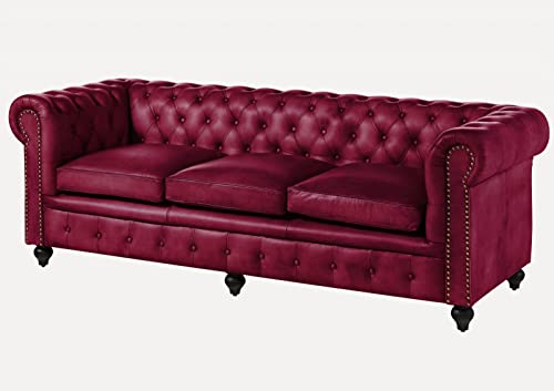 Massivmoebel24.de | Chesterfield Sofa 3-Sitzer aus Echtleder #403 | aus echtem Büffel-Leder - Rot | 216x82x75 cm | mit Nieten | Couch Polstercouch 3er Sitzer von Massivmoebel24.de