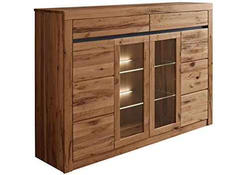 Massivmoebel24.de | MONTREUX - massives Highboard Natur, geölt | Zerreiche | 170x45x125 | 2 Glastüren - 2 Holztüren - 2 Schubladen | Wohnzimmerschrank, Hochkommode von Massivmoebel24.de