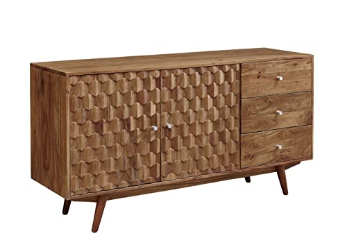 Massivmoebel24.de | MOSAYK massives Sideboard - Natur, lackiert | Akazienholz | 2 Türen - 3 Schubladen | 145x42x75 | Kommode Tv-Sideboard Wohnzimmer-Schrank von Massivmoebel24.de