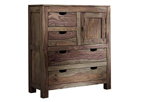 Massivmoebel24.de | Nature Grey - massives Highboard | grau, geölt | Sheesham-Holz | 88x38x100 | 1 Tür - 2 große Schubladen - 2 kleine Schubladen | Wohnzimmerschrank, Hochkommode von Massivmoebel24.de