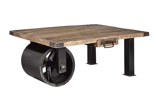 Massivmoebel24.de | Railway Couchtisch aus Massivholz #105 - Natur | aus Mangoholz | 80x110x43cm | 2 Beine + Walze aus Eisen | Kaffeetisch Beistelltisch Sofatisch von Massivmoebel24.de