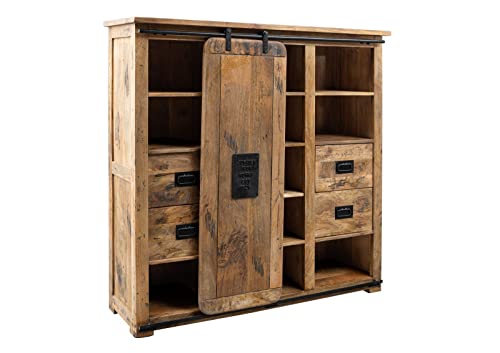 Massivmoebel24.de | Railway Highboard aus Massivholz #162 | aus Mangoholz - Natur, lackiert | 142x45x147 cm | 11 Fächer - 3 Schubladen | Wohnzimmerschrank, Hochkommode von Massivmoebel24.de