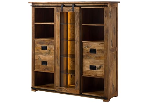 MASSIVMOEBEL24.DE | Railway Lux Highboard aus Massivholz mit Beleuchtung #121 | Mangoholz/Altholz - Natur lackiert | 142x45x147 cm | 11 Fächer, 1 Tür, 4 Schubladen | Hochschrank groß MASSIVMOEBEL24.DE | Railway Lux Highboard aus Massivholz mit Beleuchtung #121 | Mangoholz/Altholz - Natur lackiert | 142x45x147 cm | 11 Fächer, 1 Tür, 4 Schubladen | Hochschrank groß von MASSIVMOEBEL24.DE