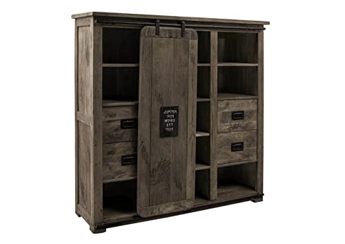 Massivmoebel24.de | Railway massives Highboard - grau lackiert | aus Mangoholz | 142x45x147 | mit Eisen | 4 Türen - 3 Schubladen | Wohnzimmerschrank, Hochkommode von Massivmoebel24.de