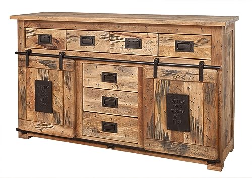 MASSIVMOEBEL24.DE | Railway massives Sideboard - Natur lackiert | Mangoholz | 2 Türen - 7 Schubladen | 150x45x90 | Used-Look | Kommode Tv-Sideboard Wohnzimmer-Schrank von MASSIVMOEBEL24.DE