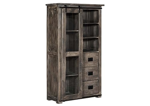 MASSIVMOEBEL24.DE Railway Vitrine Mango grau lackiert massiv Regal Wurmlöcher Altholz-Optik Schiebetüren Eisen Hochschrank Highboard Industrialstil Used-Look 100x45x175 von MASSIVMOEBEL24.DE