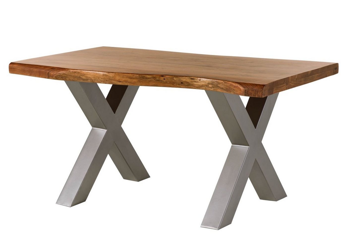 Massivmoebel24 Baumkantentisch FREEFORM (Massivholz, Massivholztisch), Baumtisch Akazie 140x90x77 Akazie natur / X-Beine silber FREEFORM 5 von Massivmoebel24