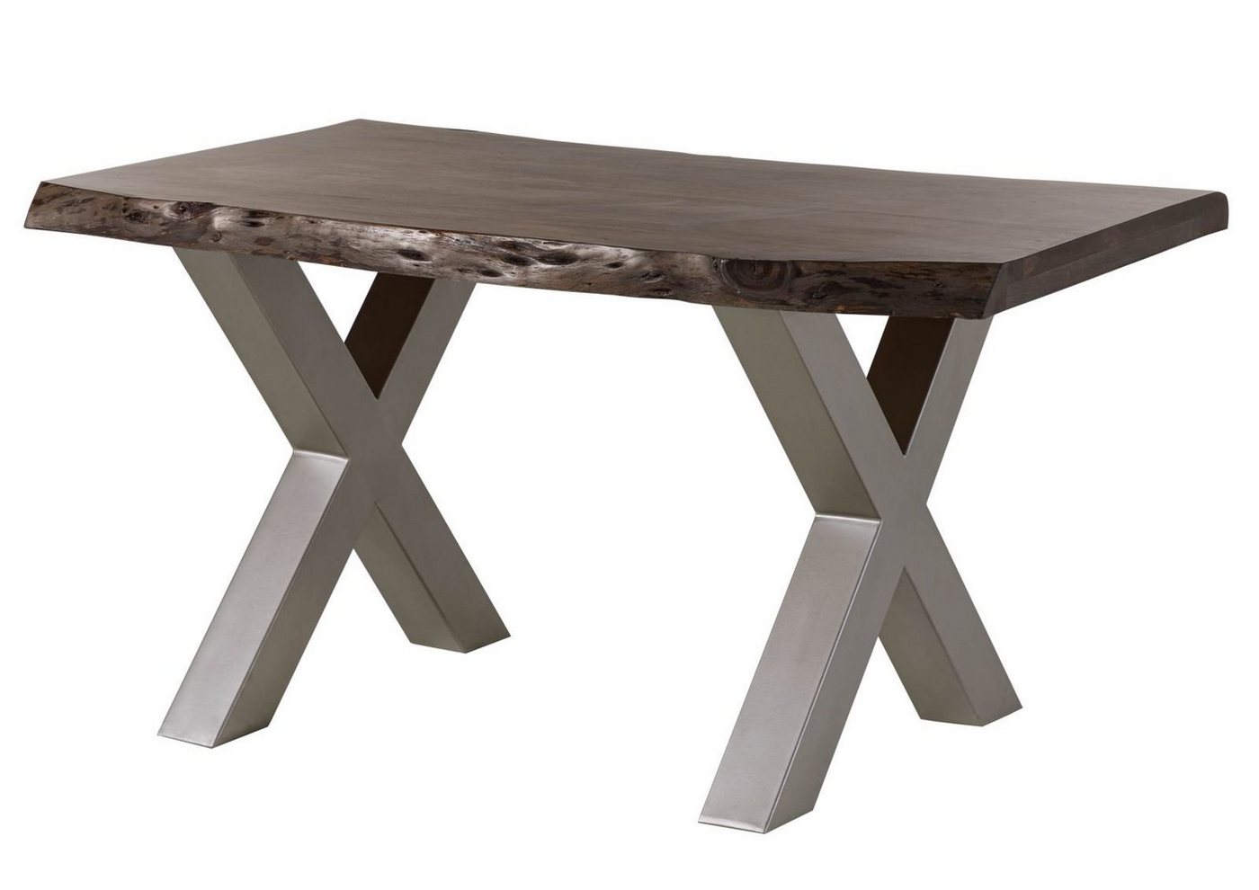 Massivmoebel24 Baumkantentisch FREEFORM (Baumtisch Akazie 140x90x77 grau / X-Beine silber FREEFORM 5), Baumtisch Akazie 140x90x77 grau / X-Beine silber FREEFORM 5 von Massivmoebel24