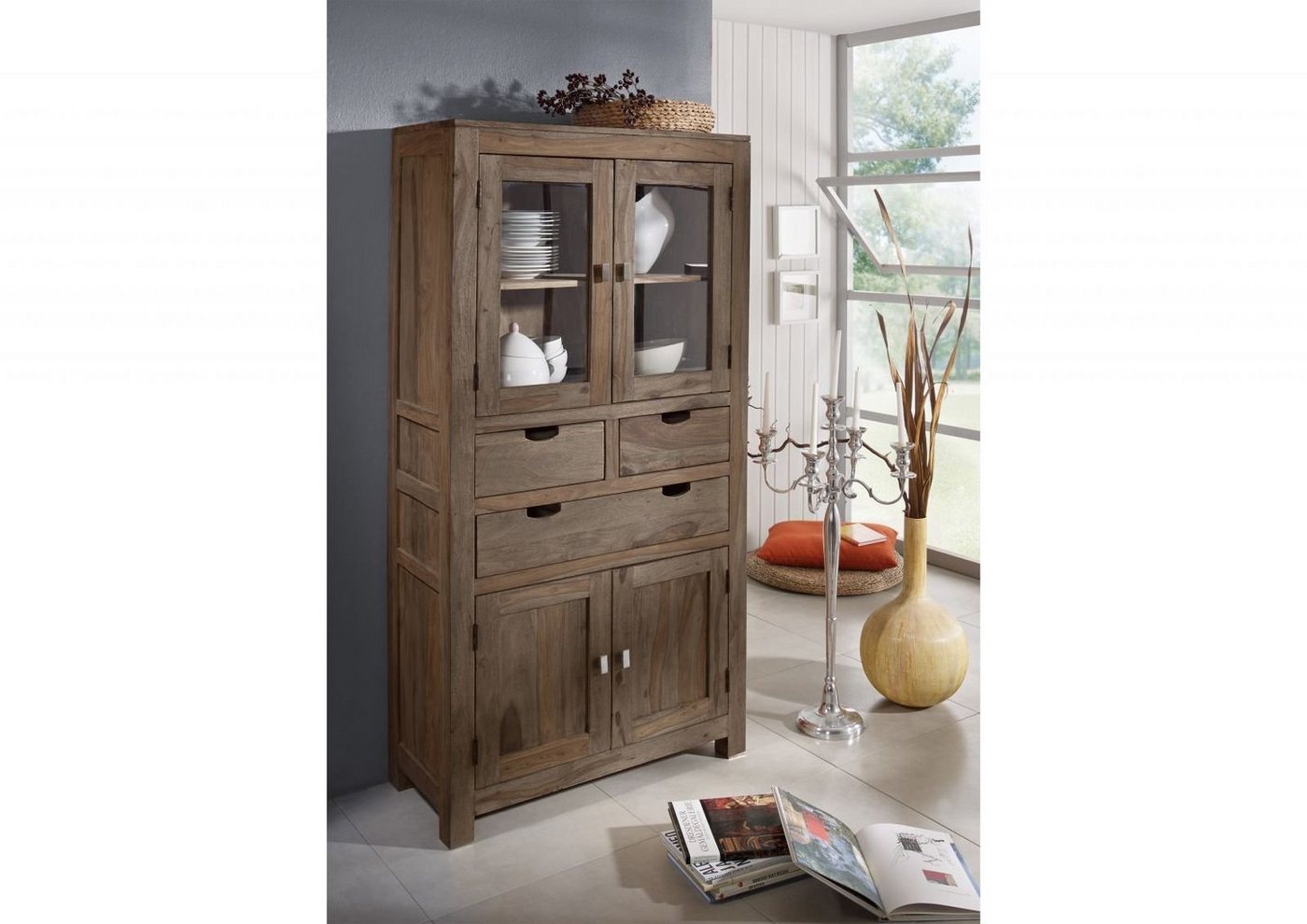 Massivmoebel24 Dreh-/Schwebetürenschrank Schrank Sheesham 90x40x180  grau geölt NATURE GREY #61 von Massivmoebel24