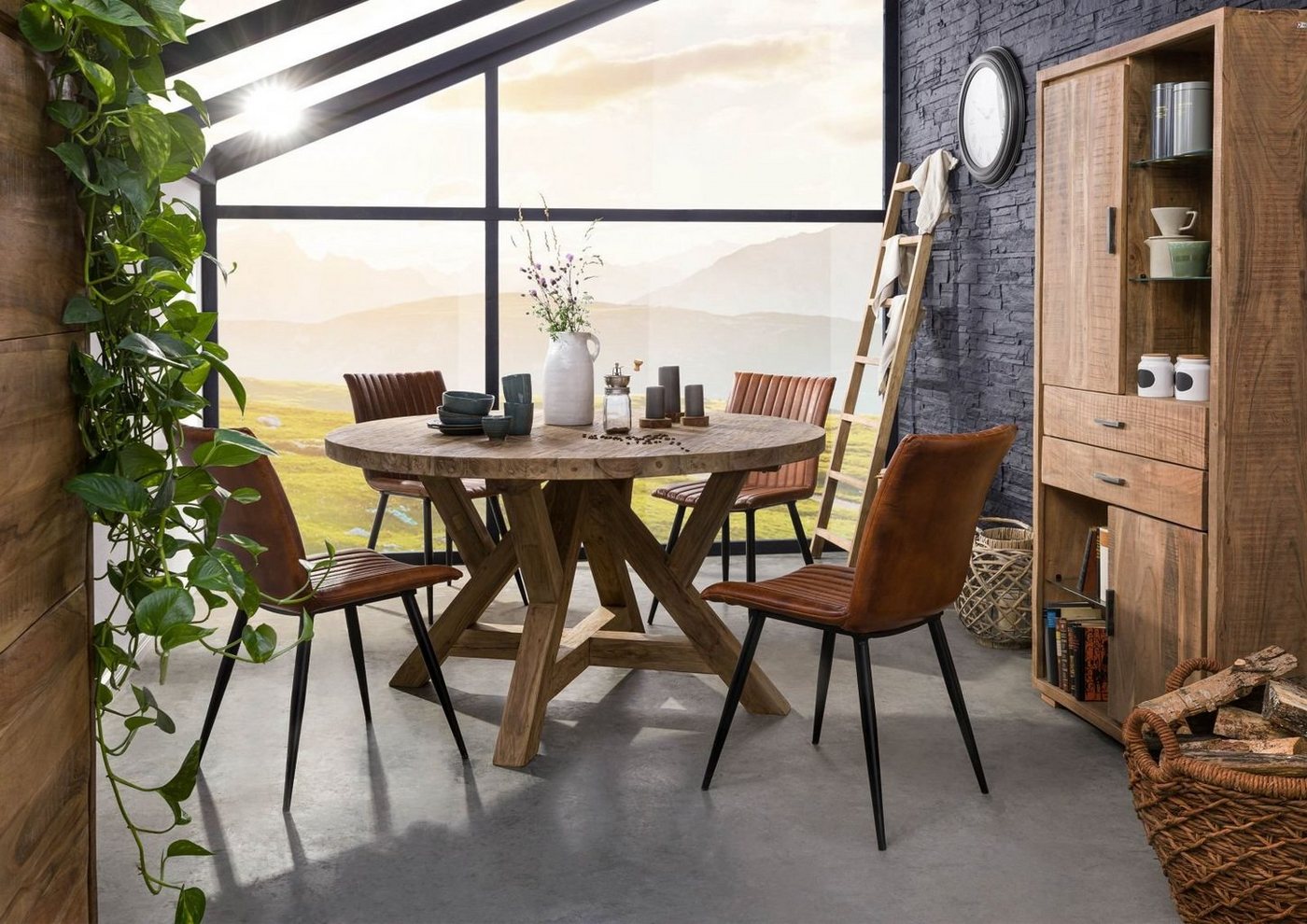 Massivmoebel24 Esstisch BASSANO (Runder Esstisch aus unbehandeltem Teakholz, im Landhausstil, Platz für 4 Personen 120x120x120 Teak) von Massivmoebel24