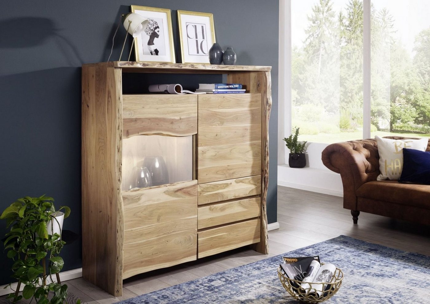 Massivmoebel24 Highboard Highboard Akazie 131x45x147 natur lackiert  PURE ACACIA #703 von Massivmoebel24