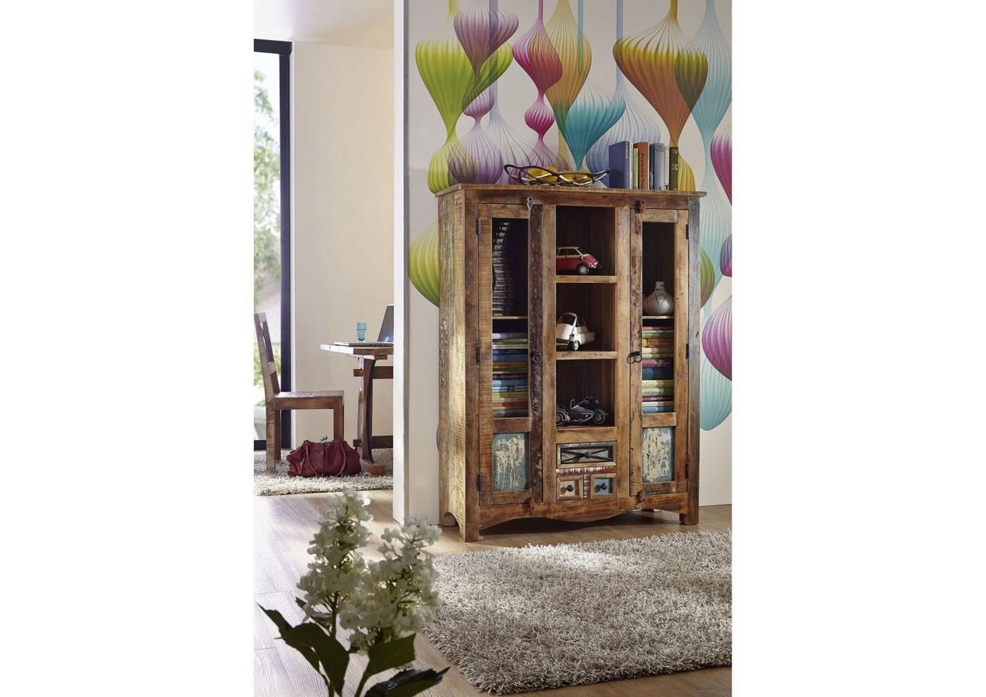 Massivmoebel24 Highboard Highboard Altholz 115x40x150 mehrfarbig lackiert NATURE OF SPIRIT #21 von Massivmoebel24